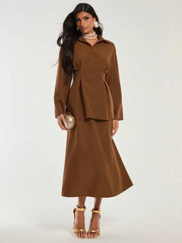 Deep Brown Vintage Pleated Blouse For Women, Autumn/Winter