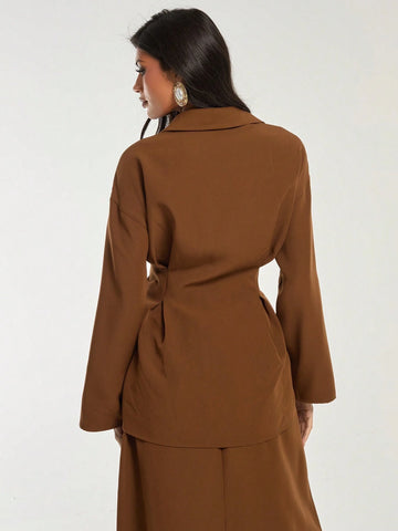 Deep Brown Vintage Pleated Blouse For Women, Autumn/Winter