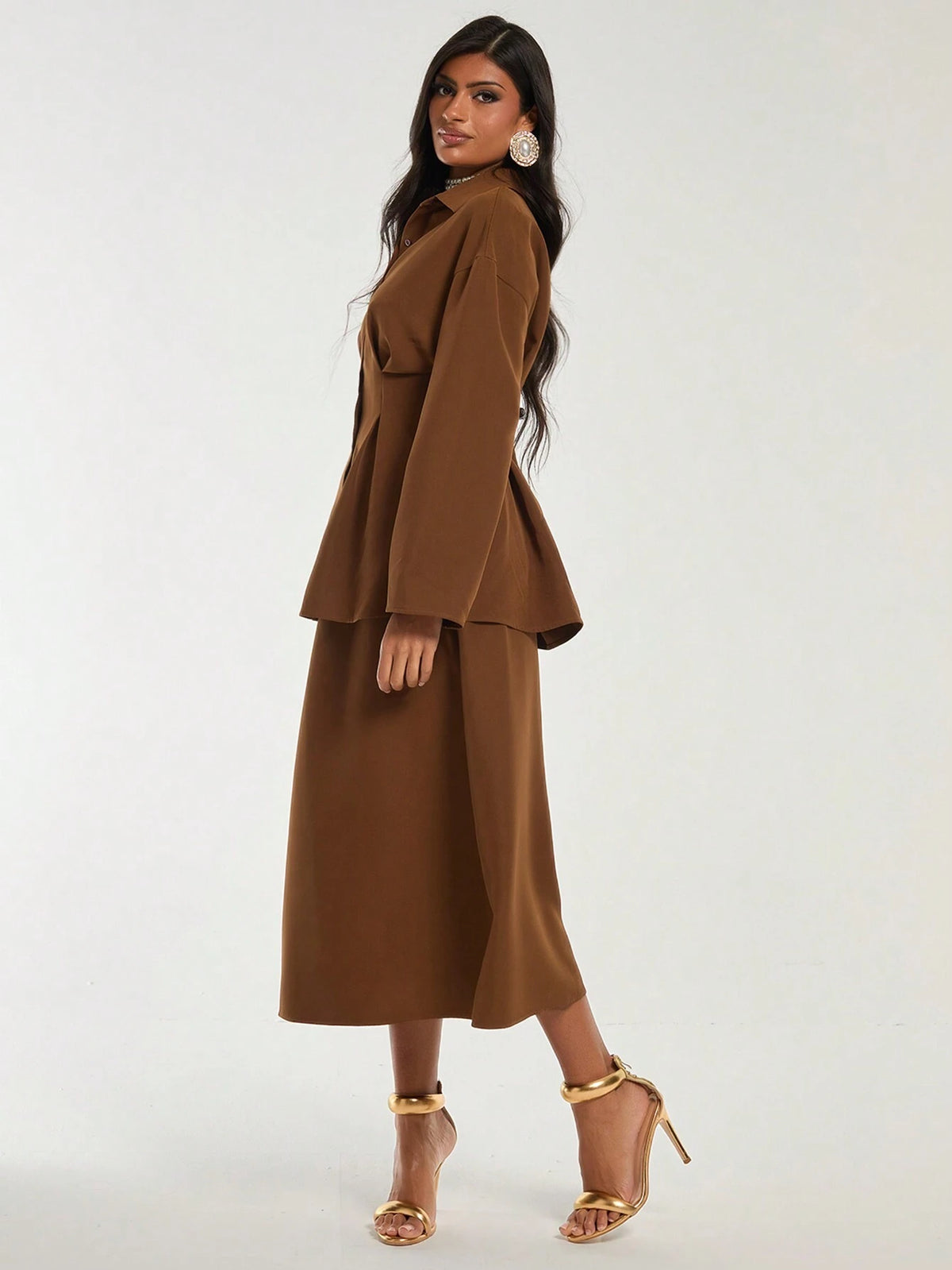 Deep Brown Vintage Pleated Blouse For Women, Autumn/Winter