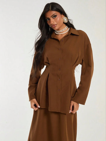 Deep Brown Vintage Pleated Blouse For Women, Autumn/Winter