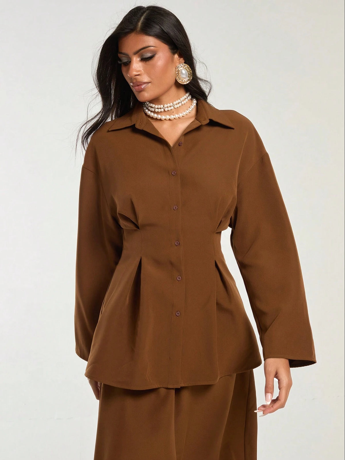 Deep Brown Vintage Pleated Blouse For Women, Autumn/Winter
