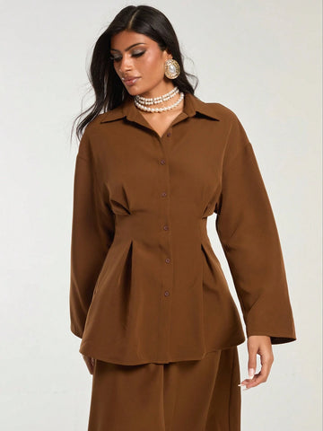 Deep Brown Vintage Pleated Blouse For Women, Autumn/Winter