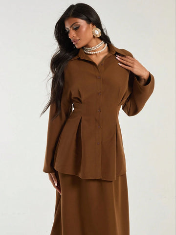 Deep Brown Vintage Pleated Blouse For Women, Autumn/Winter