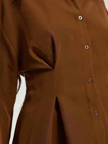 Deep Brown Vintage Pleated Blouse For Women, Autumn/Winter
