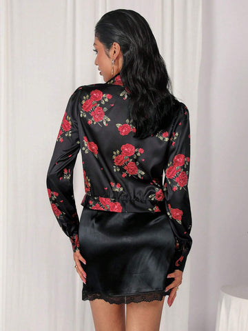 Floral Print Puff Sleeve Tie Front Shirt, Valentine's Day