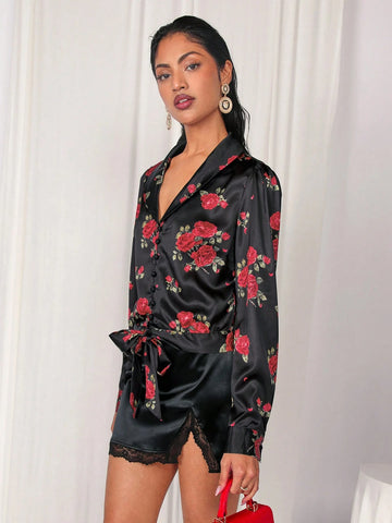 Floral Print Puff Sleeve Tie Front Shirt, Valentine's Day