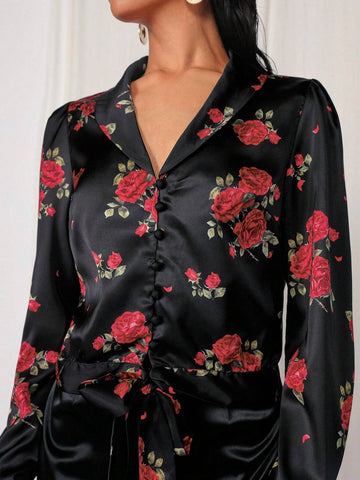 Floral Print Puff Sleeve Tie Front Shirt, Valentine's Day