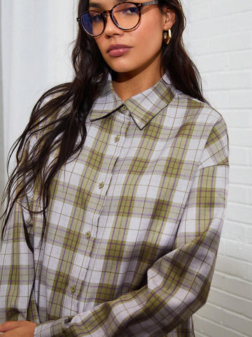 Green Plaid Women's Shirt With Fringe Trim, Autumn/Winter