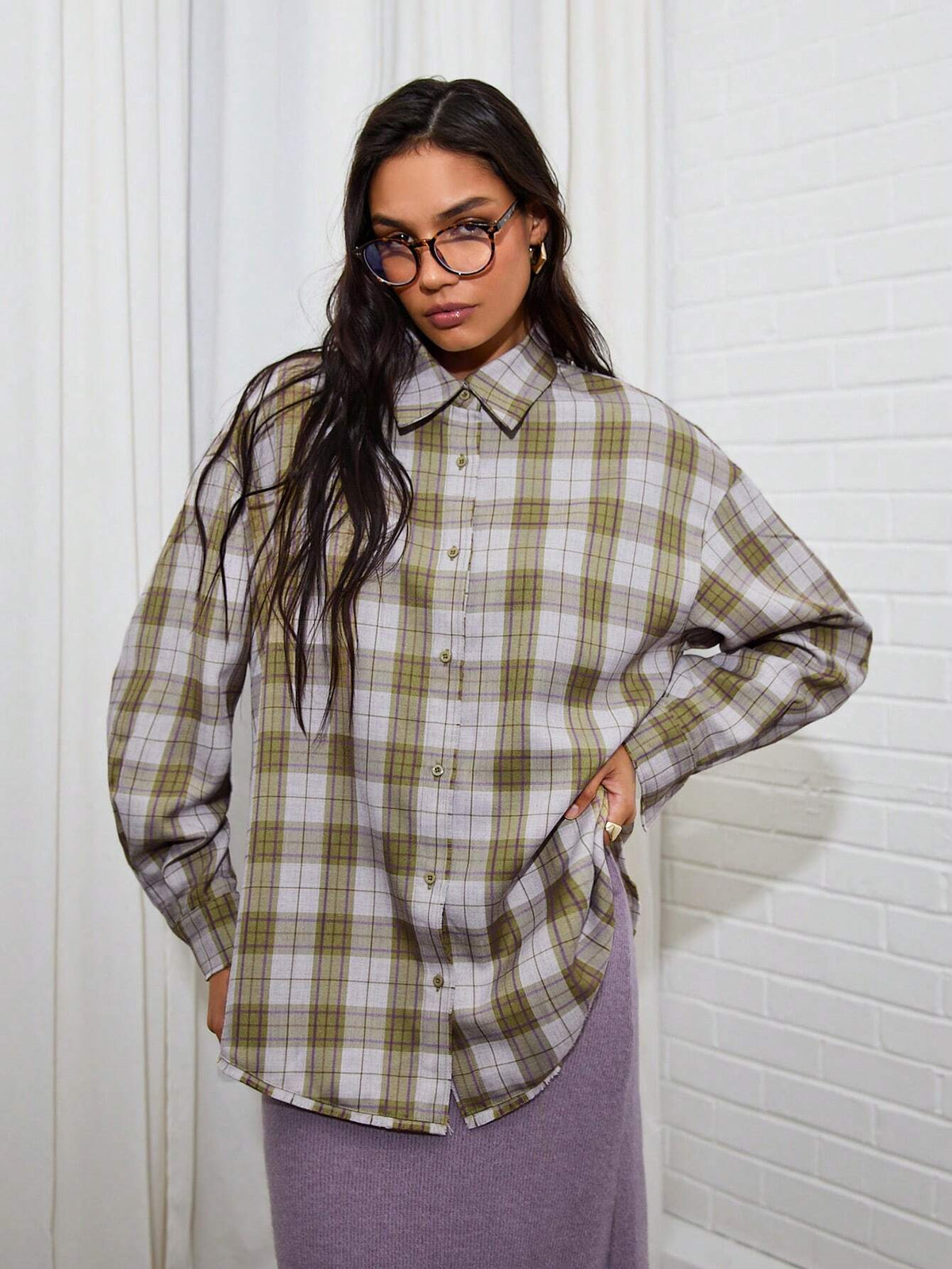 Green Plaid Women's Shirt With Fringe Trim, Autumn/Winter