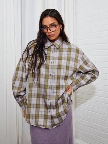 Green Plaid Women's Shirt With Fringe Trim, Autumn/Winter