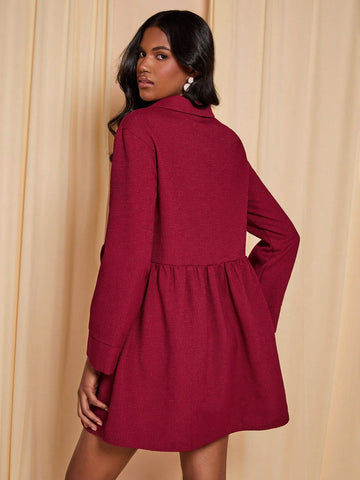 COSMINA Ladies' Solid Color Lapel Long Sleeve Tie Front Mini Dress