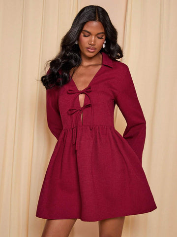 COSMINA Ladies' Solid Color Lapel Long Sleeve Tie Front Mini Dress