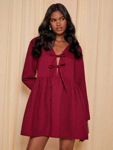 COSMINA Ladies' Solid Color Lapel Long Sleeve Tie Front Mini Dress