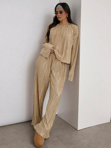 COSMINA Pleated Textured Fabric Two-Piece Set, Gold Two-Piece Set,Women 2pcs Casual Solid Color Pleated Long Sleeve Top And Pants Set, Autumn