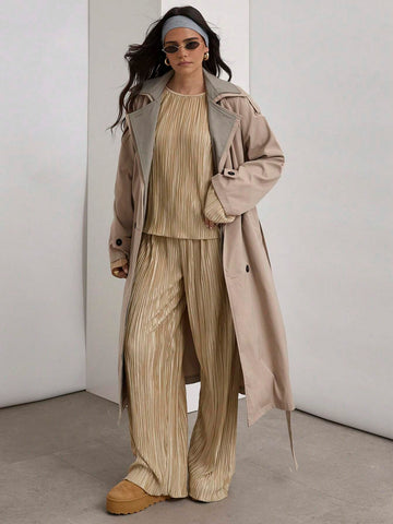COSMINA Pleated Textured Fabric Two-Piece Set, Gold Two-Piece Set,Women 2pcs Casual Solid Color Pleated Long Sleeve Top And Pants Set, Autumn