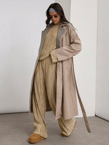 COSMINA Pleated Textured Fabric Two-Piece Set, Gold Two-Piece Set,Women 2pcs Casual Solid Color Pleated Long Sleeve Top And Pants Set, Autumn