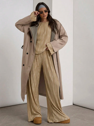 COSMINA Pleated Textured Fabric Two-Piece Set, Gold Two-Piece Set,Women 2pcs Casual Solid Color Pleated Long Sleeve Top And Pants Set, Autumn