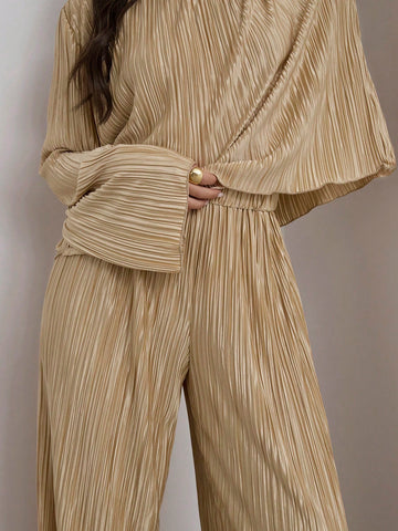 COSMINA Pleated Textured Fabric Two-Piece Set, Gold Two-Piece Set,Women 2pcs Casual Solid Color Pleated Long Sleeve Top And Pants Set, Autumn