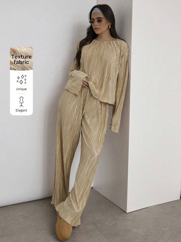 COSMINA Pleated Textured Fabric Two-Piece Set, Gold Two-Piece Set,Women 2pcs Casual Solid Color Pleated Long Sleeve Top And Pants Set, Autumn