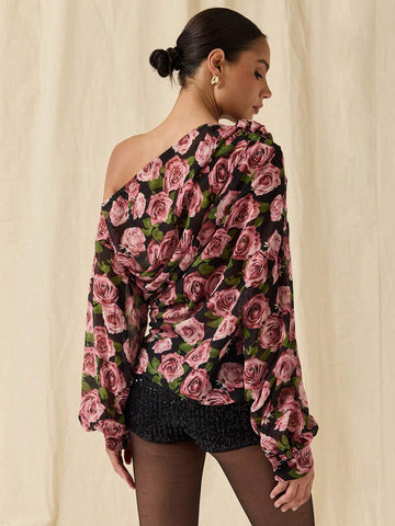 Romantic Flower Print Off-Shoulder Shirt, Women's Shirt, Rose Decorated Shirt,Women's Autumn Casual Elegant Floral Print Asymmetric Collar Lantern Sleeve Shirt
