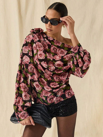 Romantic Flower Print Off-Shoulder Shirt, Women's Shirt, Rose Decorated Shirt,Women's Autumn Casual Elegant Floral Print Asymmetric Collar Lantern Sleeve Shirt