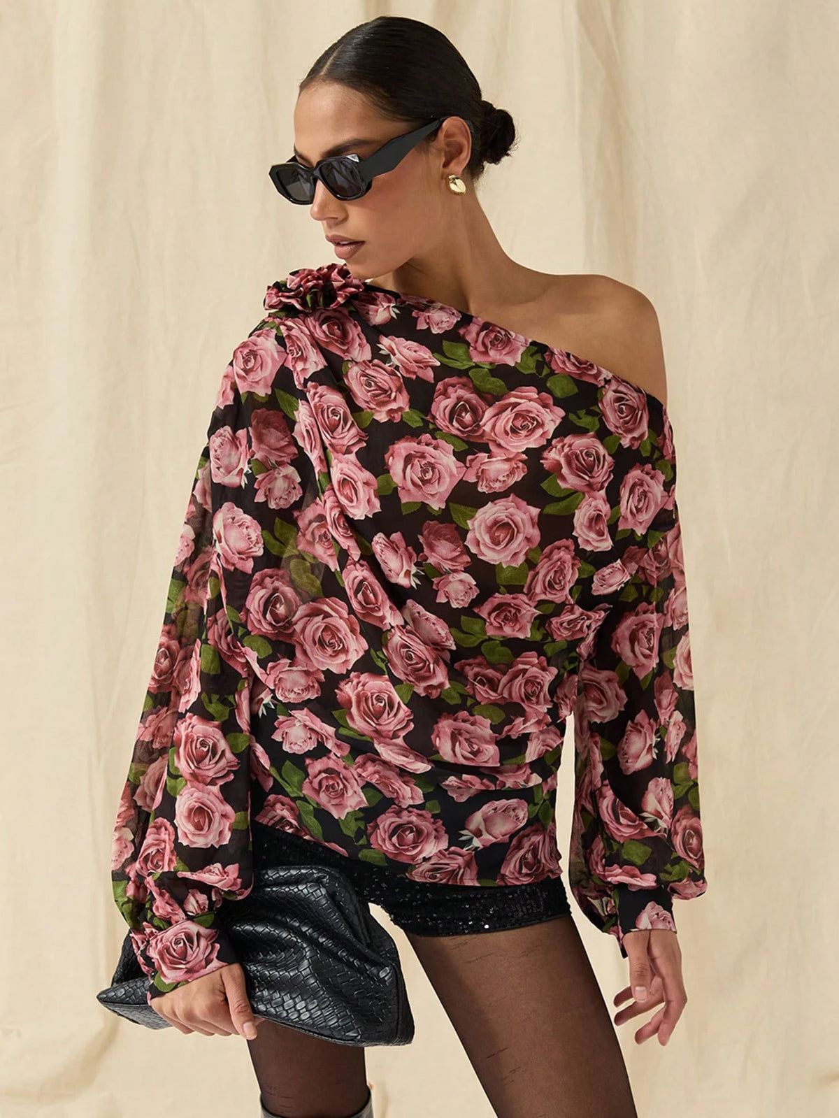 Romantic Flower Print Off-Shoulder Shirt, Women's Shirt, Rose Decorated Shirt,Women's Autumn Casual Elegant Floral Print Asymmetric Collar Lantern Sleeve Shirt