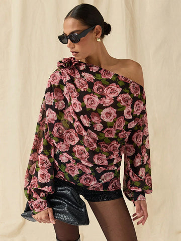 Romantic Flower Print Off-Shoulder Shirt, Women's Shirt, Rose Decorated Shirt,Women's Autumn Casual Elegant Floral Print Asymmetric Collar Lantern Sleeve Shirt