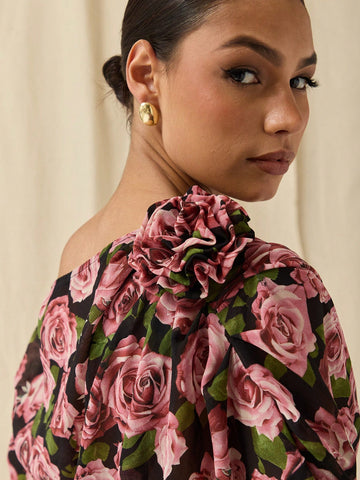 Romantic Flower Print Off-Shoulder Shirt, Women's Shirt, Rose Decorated Shirt,Women's Autumn Casual Elegant Floral Print Asymmetric Collar Lantern Sleeve Shirt