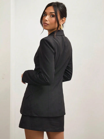 COSMINA Simple Two-Piece Suit, Black Fashion Suit, Two-Piece Suit Jacket And Skirt, For Workplace Commuting,2pcs Women`S Spring/Autumn Solid Color Collared Long Sleeve Tie-Front Jacket And Mini Skirt Casual Set