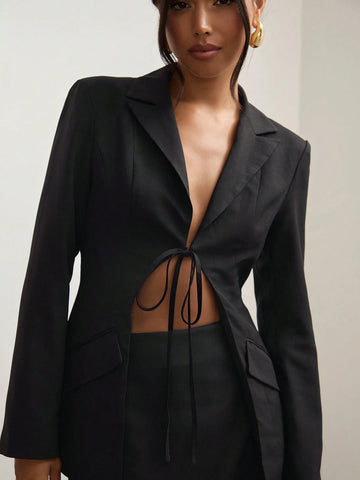 COSMINA Simple Two-Piece Suit, Black Fashion Suit, Two-Piece Suit Jacket And Skirt, For Workplace Commuting,2pcs Women`S Spring/Autumn Solid Color Collared Long Sleeve Tie-Front Jacket And Mini Skirt Casual Set