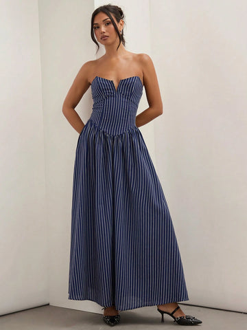 COSMINA Striped Tube Top Long Dress, Women's Long Dress, Summer,Women's Elegant Striped Bandeau Dress, Summer