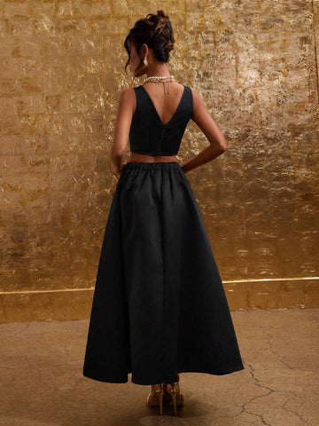 COSMINA Valentine's Day Autumn Women Black Camisole And Long Skirt 2 Piece Set