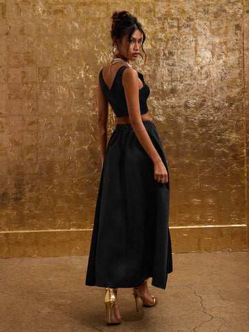 COSMINA Valentine's Day Autumn Women Black Camisole And Long Skirt 2 Piece Set