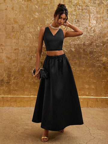 COSMINA Valentine's Day Autumn Women Black Camisole And Long Skirt 2 Piece Set
