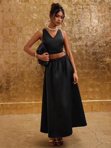 COSMINA Valentine's Day Autumn Women Black Camisole And Long Skirt 2 Piece Set