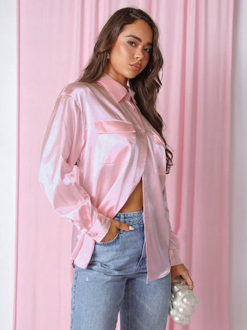 Valentine's Day Pink Organza Women Blouse, Autumn/Winter