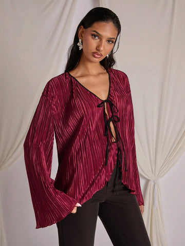 Valentine's Day & New Year Burgundy Women's Tie-Up Shirt, Autumn/Winter
