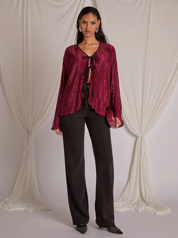 Valentine's Day & New Year Burgundy Women's Tie-Up Shirt, Autumn/Winter