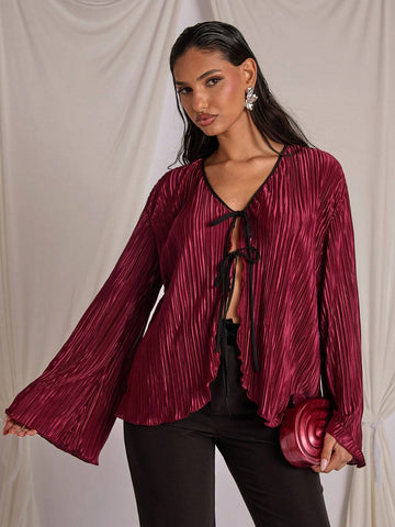Valentine's Day & New Year Burgundy Women's Tie-Up Shirt, Autumn/Winter