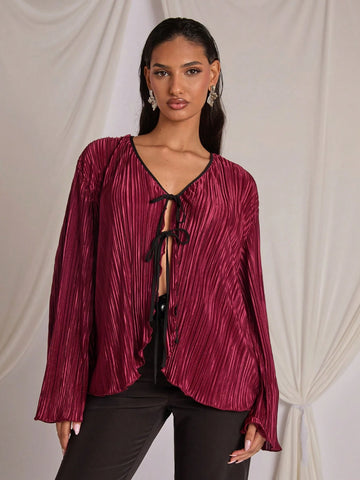 Valentine's Day & New Year Burgundy Women's Tie-Up Shirt, Autumn/Winter