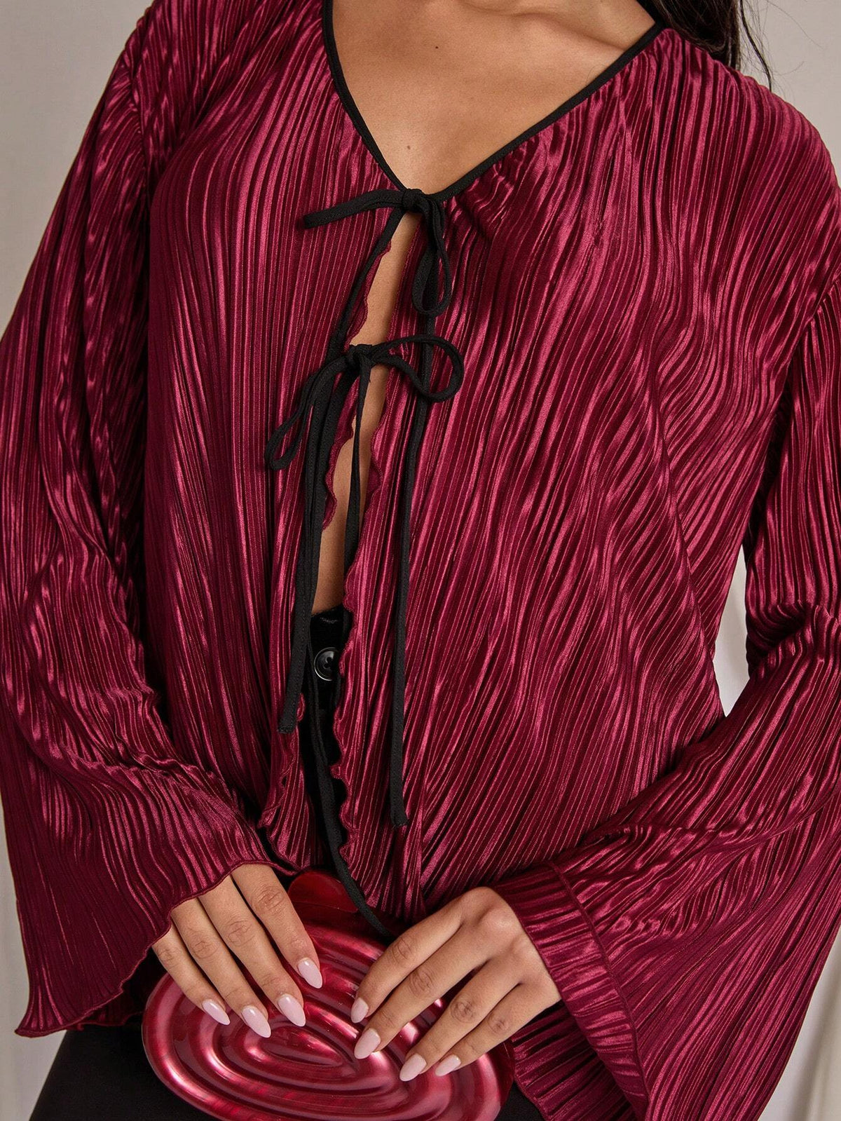 Valentine's Day & New Year Burgundy Women's Tie-Up Shirt, Autumn/Winter