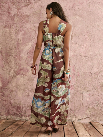 COSMINA Vintage Elegant Chinese Style Cloud Smoke Print Women's Chiffon Sleeveless Chest Gathered Wide Leg Jumpsuit