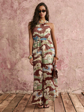 COSMINA Vintage Elegant Chinese Style Cloud Smoke Print Women's Chiffon Sleeveless Chest Gathered Wide Leg Jumpsuit