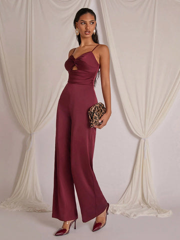 COSMINA Wine Red Women's Hollow Design Twist Pleated Jumpsuit, For Valentine's Day, New Year, Autumn/Winter