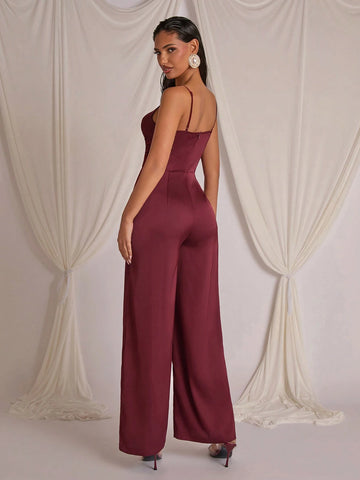 COSMINA Wine Red Women's Hollow Design Twist Pleated Jumpsuit, For Valentine's Day, New Year, Autumn/Winter