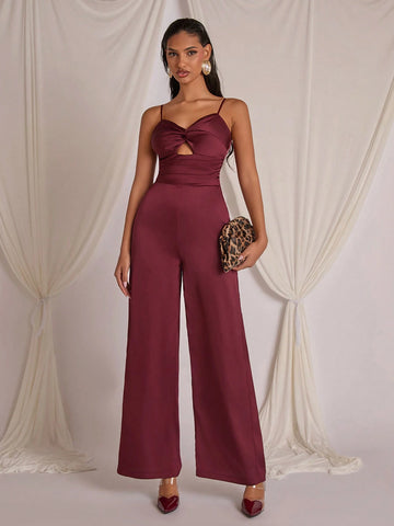 COSMINA Wine Red Women's Hollow Design Twist Pleated Jumpsuit, For Valentine's Day, New Year, Autumn/Winter