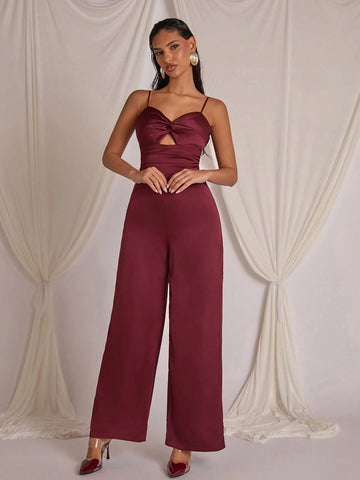 COSMINA Wine Red Women's Hollow Design Twist Pleated Jumpsuit, For Valentine's Day, New Year, Autumn/Winter