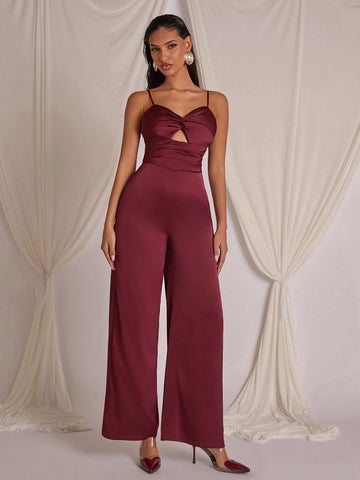 COSMINA Wine Red Women's Hollow Design Twist Pleated Jumpsuit, For Valentine's Day, New Year, Autumn/Winter