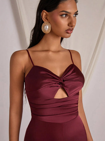COSMINA Wine Red Women's Hollow Design Twist Pleated Jumpsuit, For Valentine's Day, New Year, Autumn/Winter