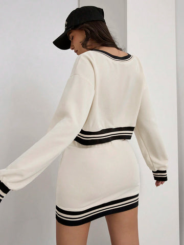 COSMINA Women 2 Piece Set, Casual Striped Trim Cropped Top & Mini Skirt, For Autumn